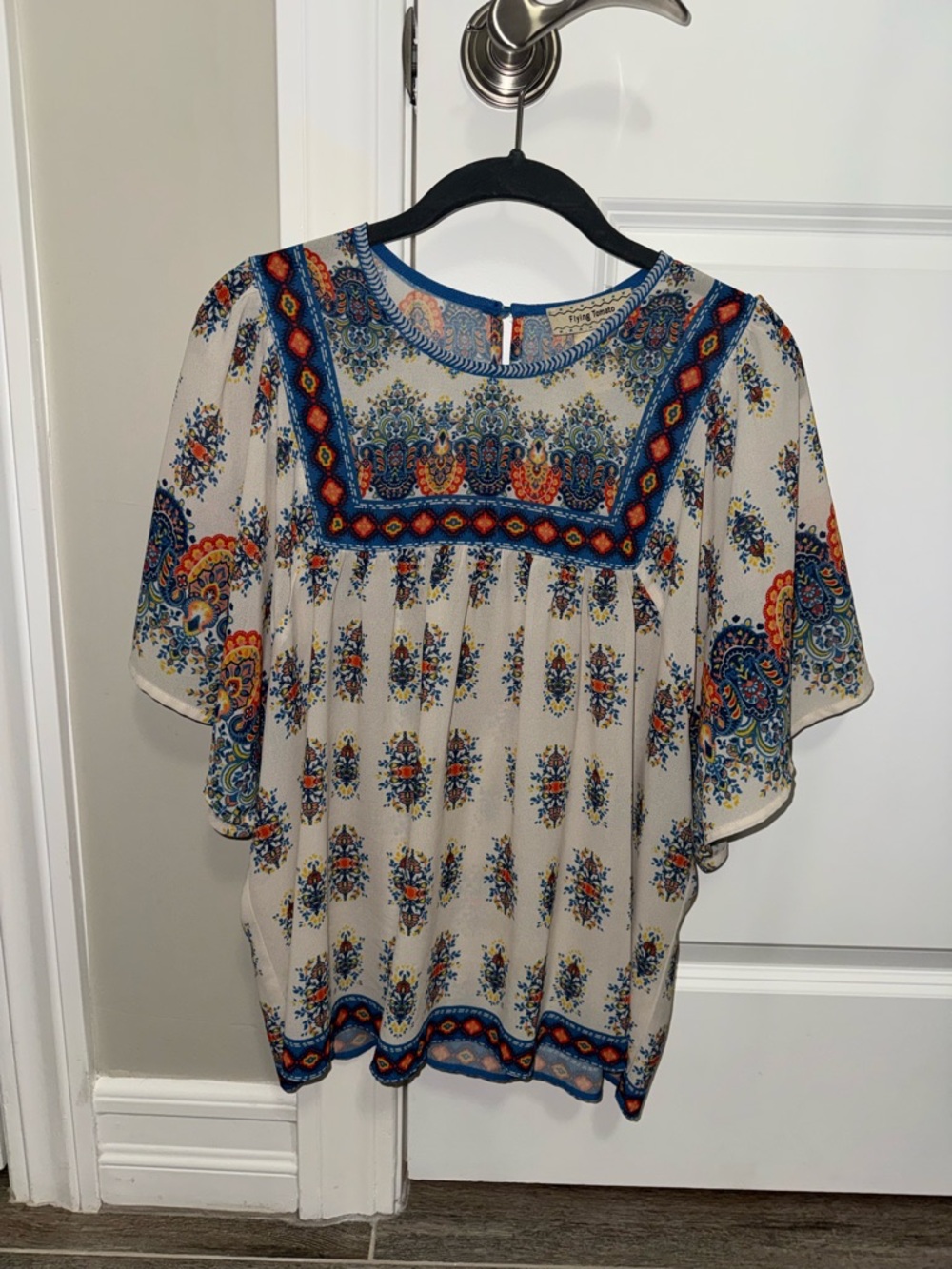 Bohemian Floral Square-Yoke Flutter Sleeve Top in Cream and Blue